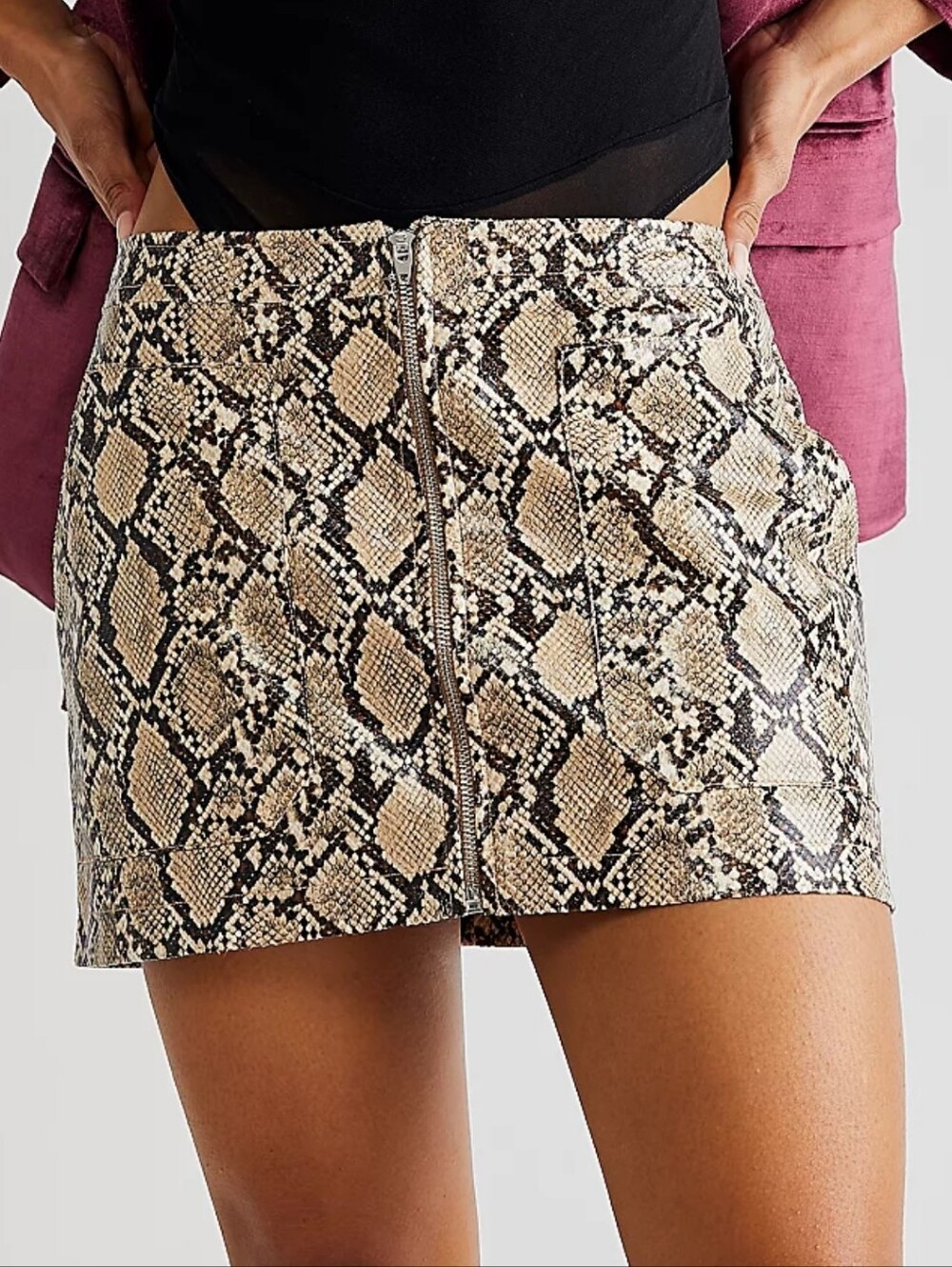 Free People MAYA Tan Mini Skirt Pockets Faux Python Vegan Leather Zipper Front